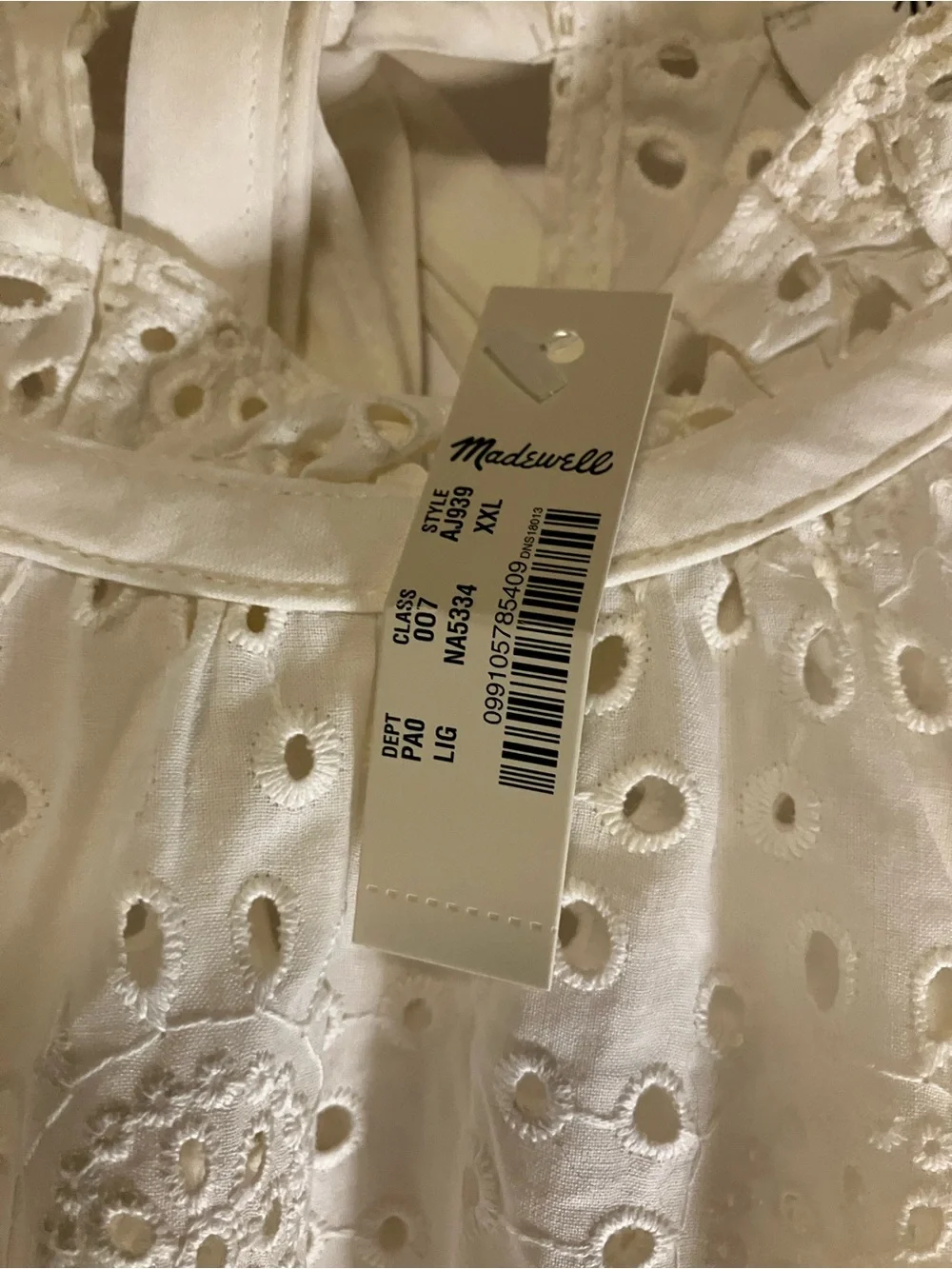 Madewell Cream Eyelet Peasant Blouse with Ruffle Neck